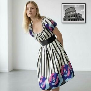 Poems Belted Black & White Sheer Striped Dress with Floral Hem & Sash Italian